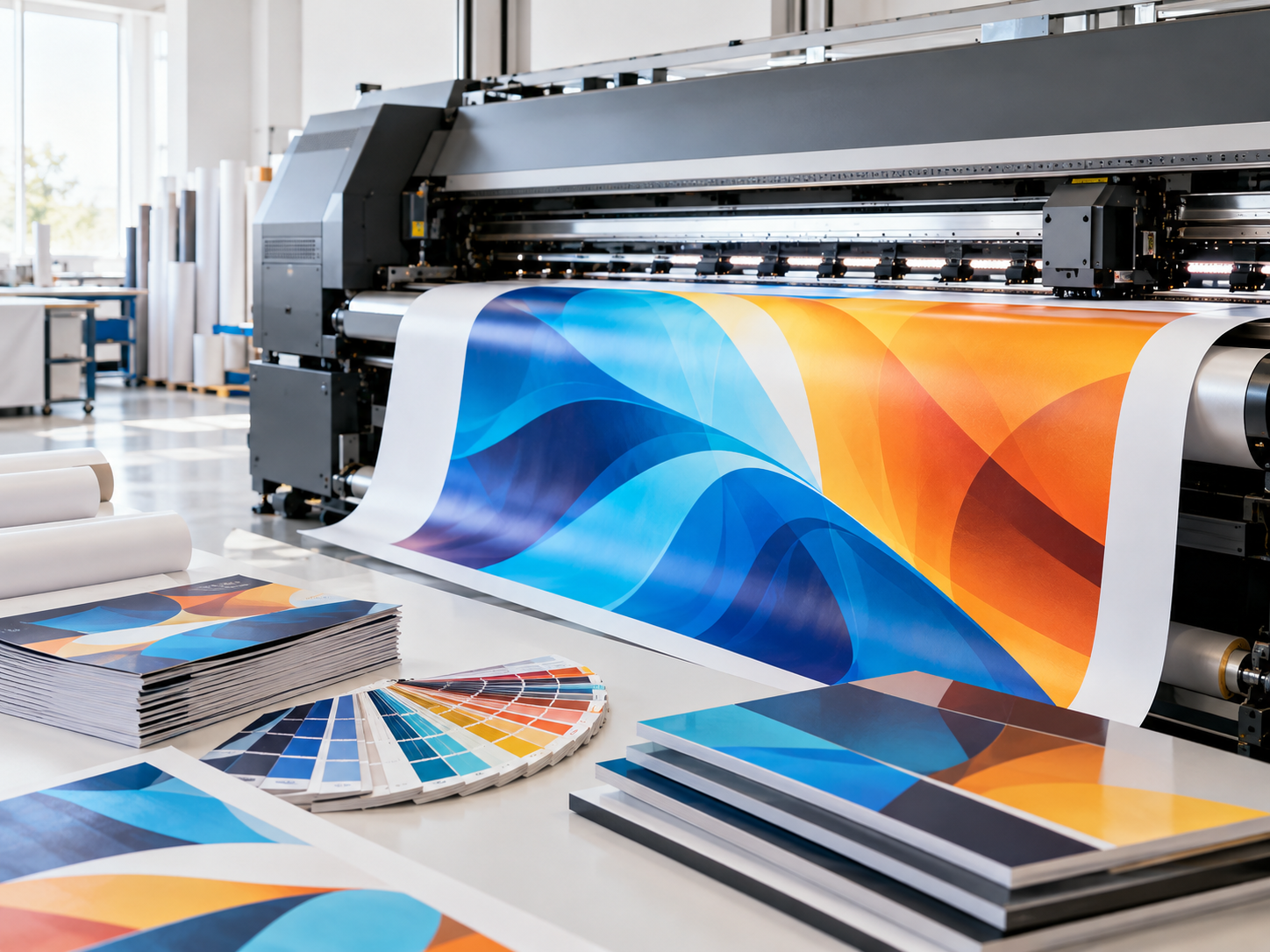 Foto ilustrativa de impressora de grande formato produzindo materiais coloridos, com impressos e peças de comunicação visual